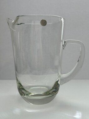 Elegant MCM Clear Handblown Glass Pitcher w/ Handle & Pinched Spout 8" Romania